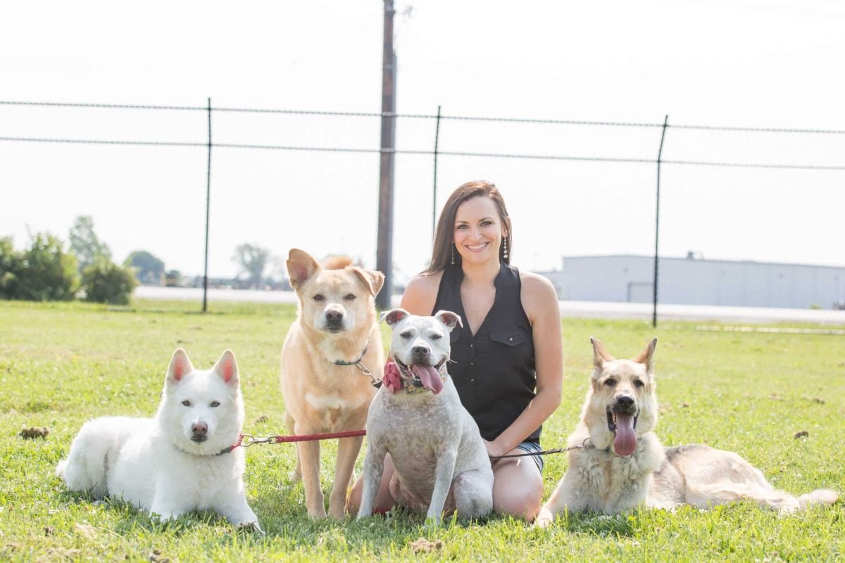 Stephanie Filer, executive director of Shelter Animals Count, with her rescue dogs.