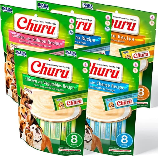 five packages of different flavors of Inaba Churu spreadable dog treats