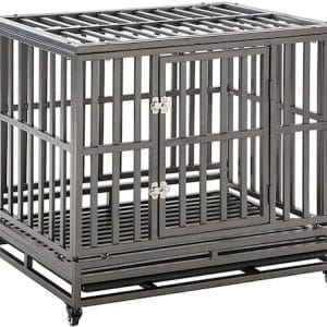 Heavy duty steel-barred large dog crate.