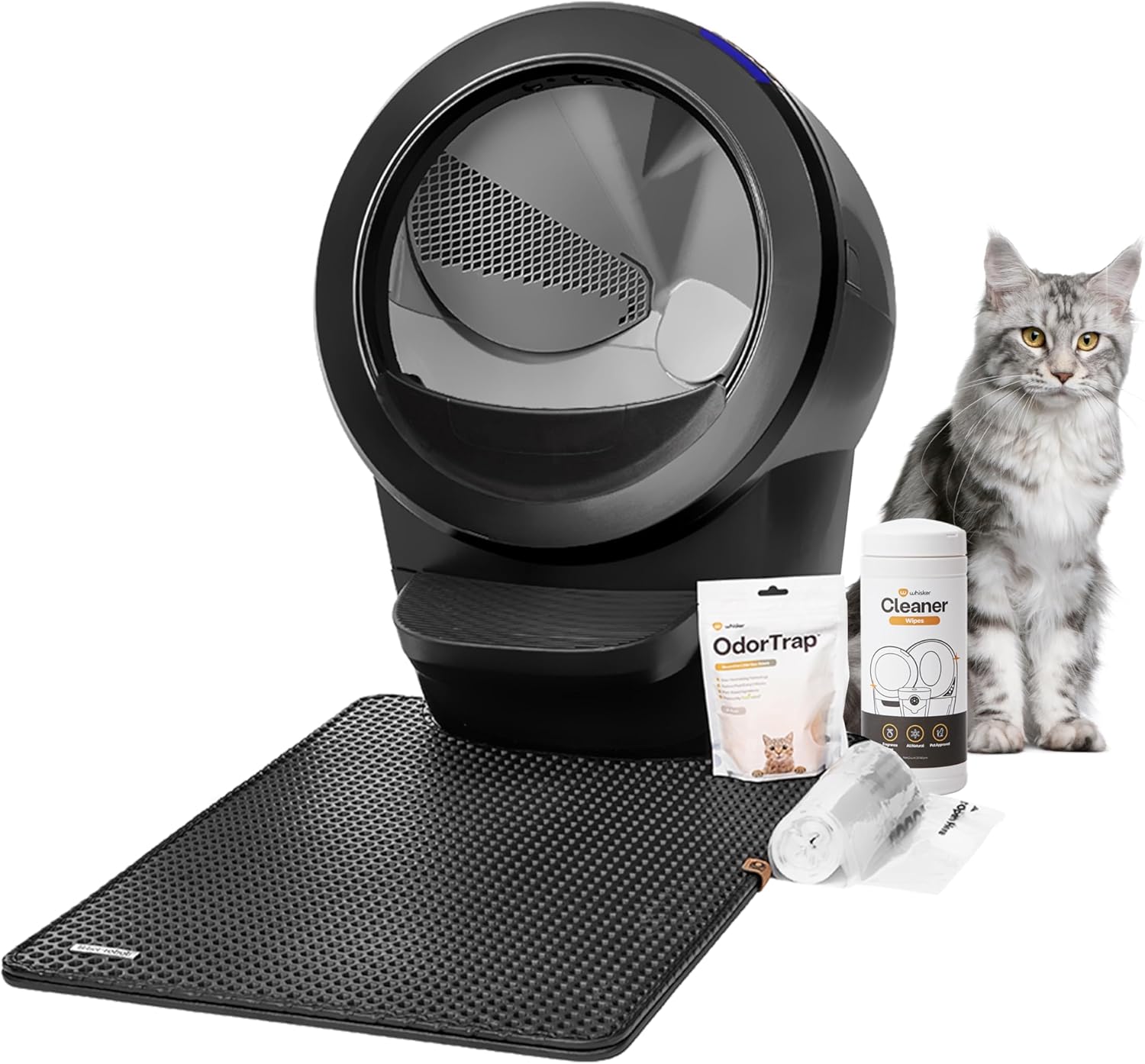 gray cat sitting next to litter robot self-cleaning litter box