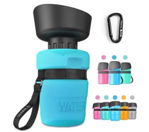 A blue water bottle with black lid which doubles up as dog bowl on Amazon