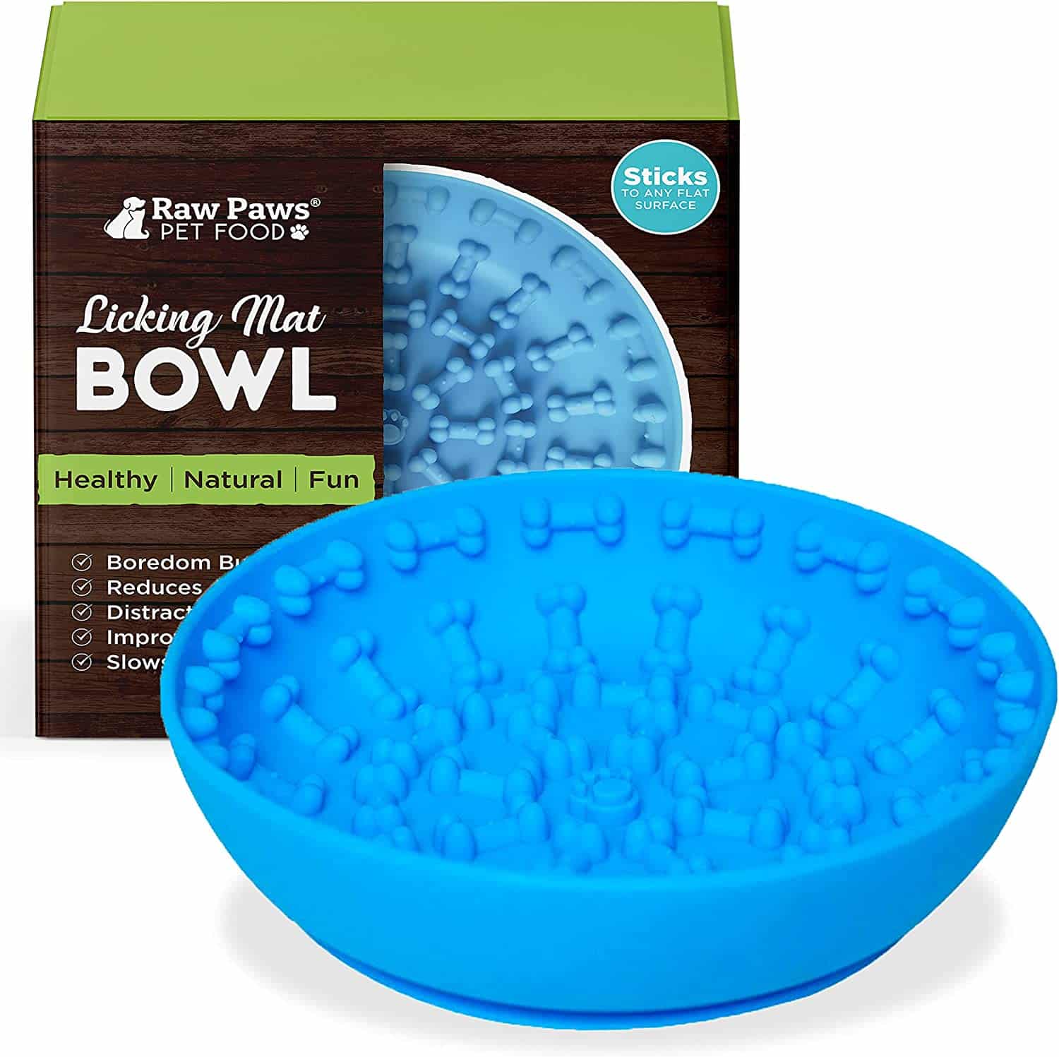 blue rubber bowl with bone-shaped nubs inside