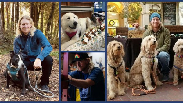 Ryan Dempsey with his repurposed climbing rope leashes and some of the rescue dogs who benefit from them.