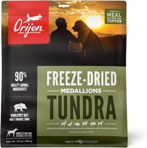 A bag of Orijen freeze-dried dog food.