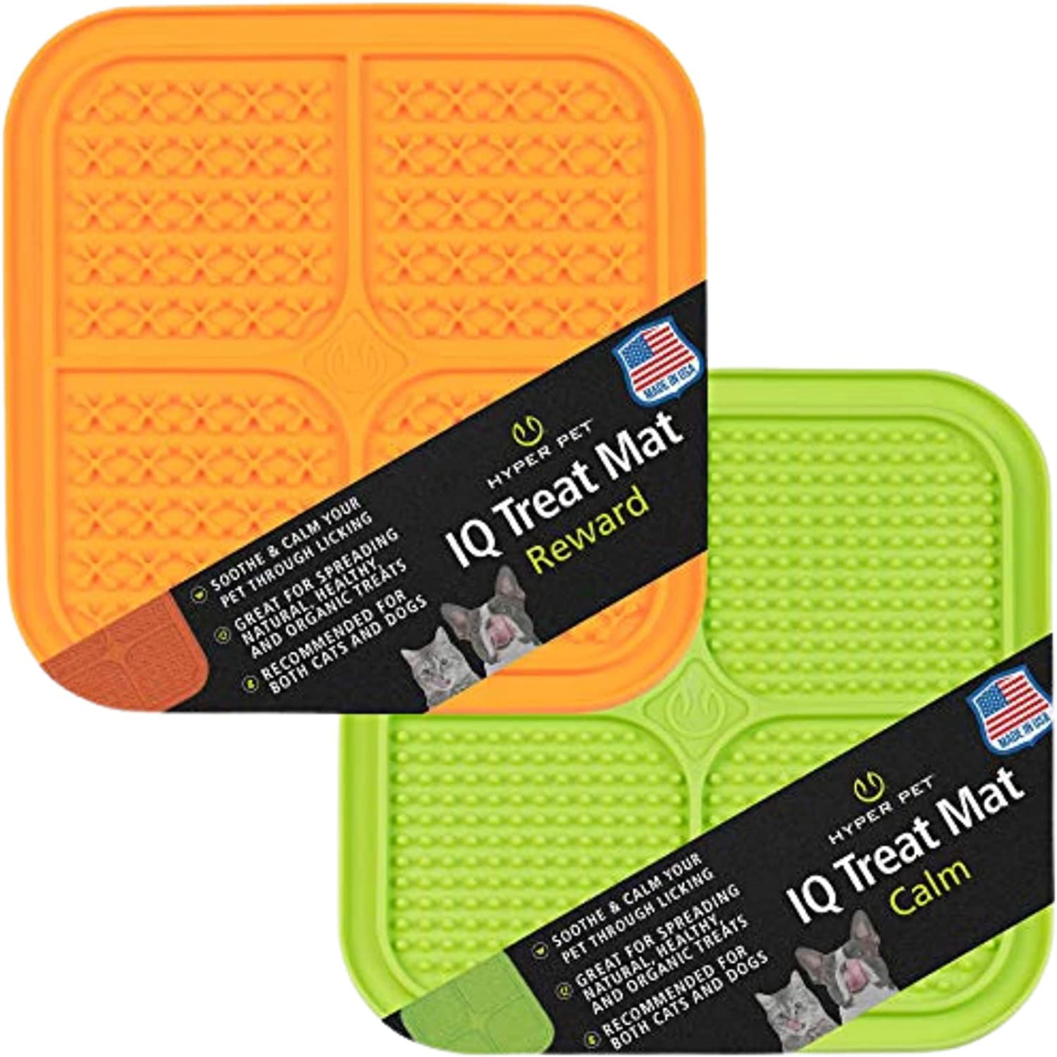 Set of two lick pads, one green one orange