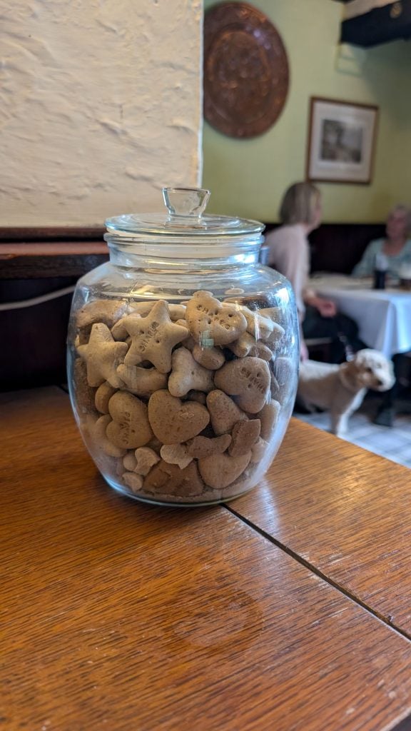 Dog biscuits on a pub table at The Vine Inn with a dog and two ladies in the background