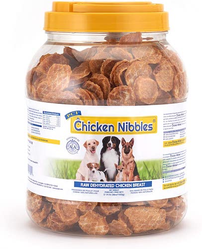 Container of chicken dog treats
