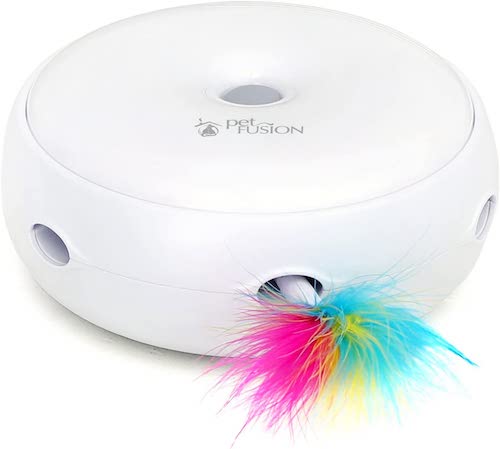 Circular white cat toy with bright neon feathers