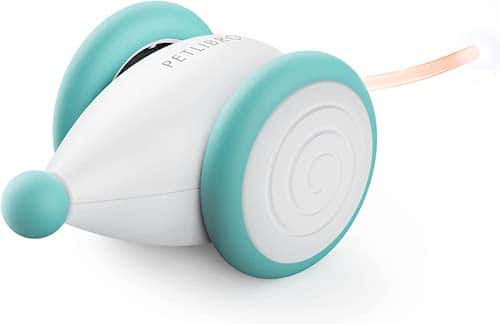 White and light blue electronic cat toy mouse.
