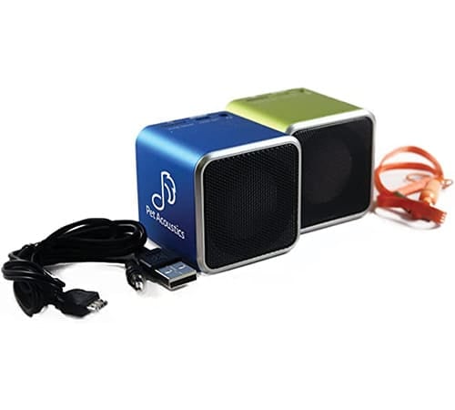 green and blue cube speakers side by side with USB cables