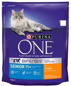 A bag of Purina One senior cat food