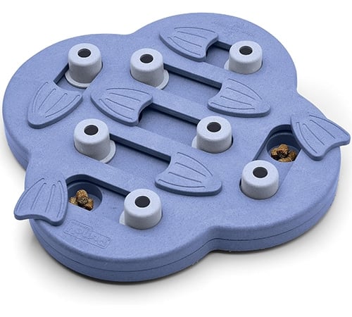blue puzzle toy for Boston Terriers with sliding pegs and flip panels