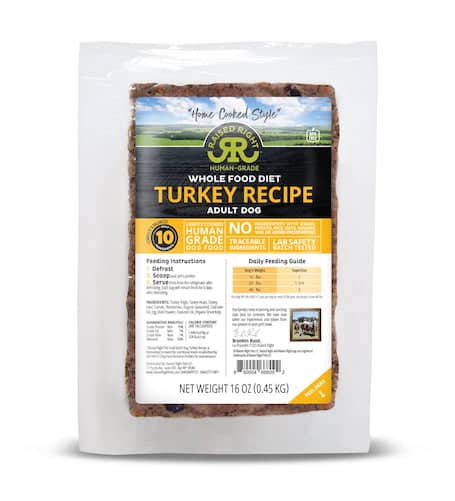 package of Raised Right turkey recipe dog food for review