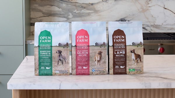 Open Farm food bags sitting on counter