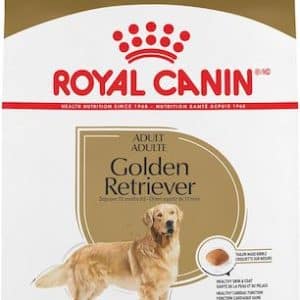 A gold, white and red bag of Royal Canin dog food for Golden Retrievers.
