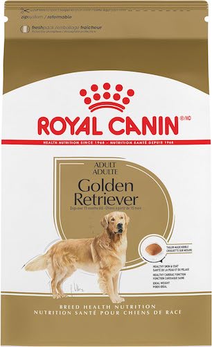 A gold, white and red bag of Royal Canin dog food for Golden Retrievers.