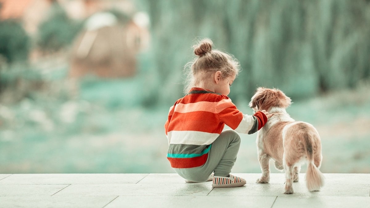 Little girl with her dog on the patio