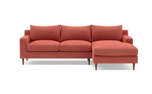 pet friendly couch in coral color with wood legs