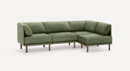 pet friendly four-piece one-arm sectional couch in moss green with wood legs