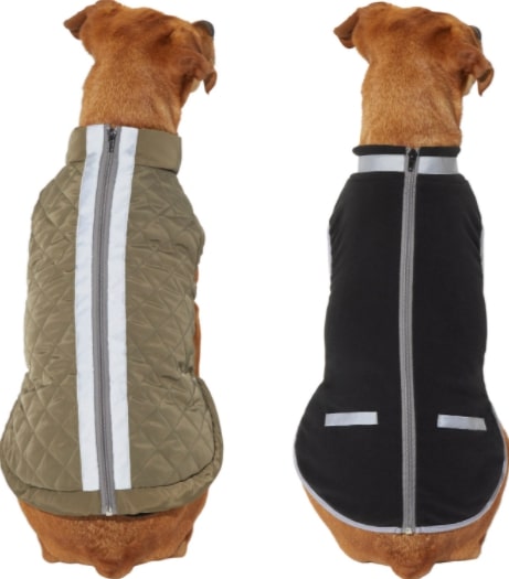 two dogs facing away both wearing one side of Frisco Reflective 2-in-1 Dog Fleece Coat one in quilted olive, one in fleece black