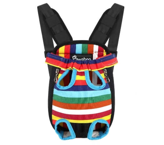 colorful striped Pawaboo Pet Carrier Backpack with 4 additional holes for pet's legs
