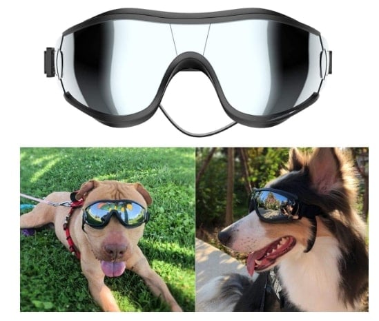 NVTED 100% UV Protection Dog Goggles model, two dogs wearing a pair each, one front-facing, one profile