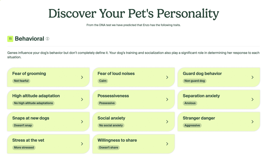 This image shows behavioral traits that Ancestry evaluates, such as "fear of loud noises," "guard dog behavior" and "social anxiety."