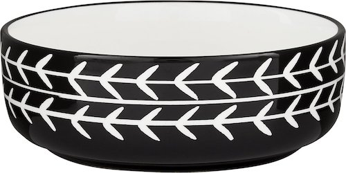 Cat bowl with white vine design on black enamel