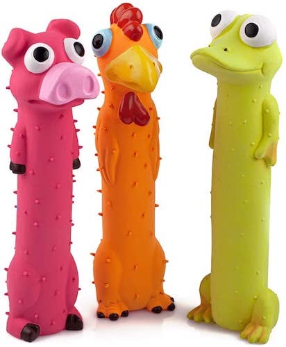 Three squeaky dog toys