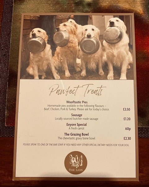 Dog menu at The Lion Inn