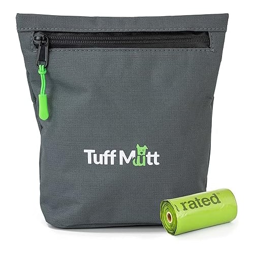 gray Tuff Mutt bag for walking with full poop bags