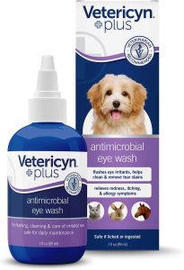 A purple bottle containing Vetericyn eye wash for dogs
