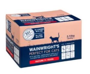 A box of Wainwrights wet cat food for senior cats
