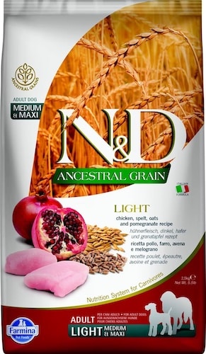 Farmina light recipe adult dry dog food bag. 