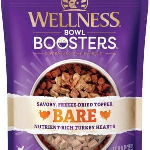 A purple and white bag of Wellness dog food boosters.