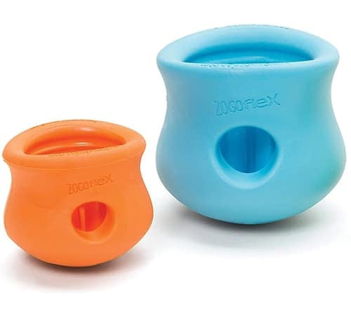 blue and orange West Paw Topple toys, small and large