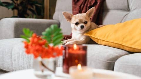 Chihuahua sitting on couch and looking at lit candle on coffee table
