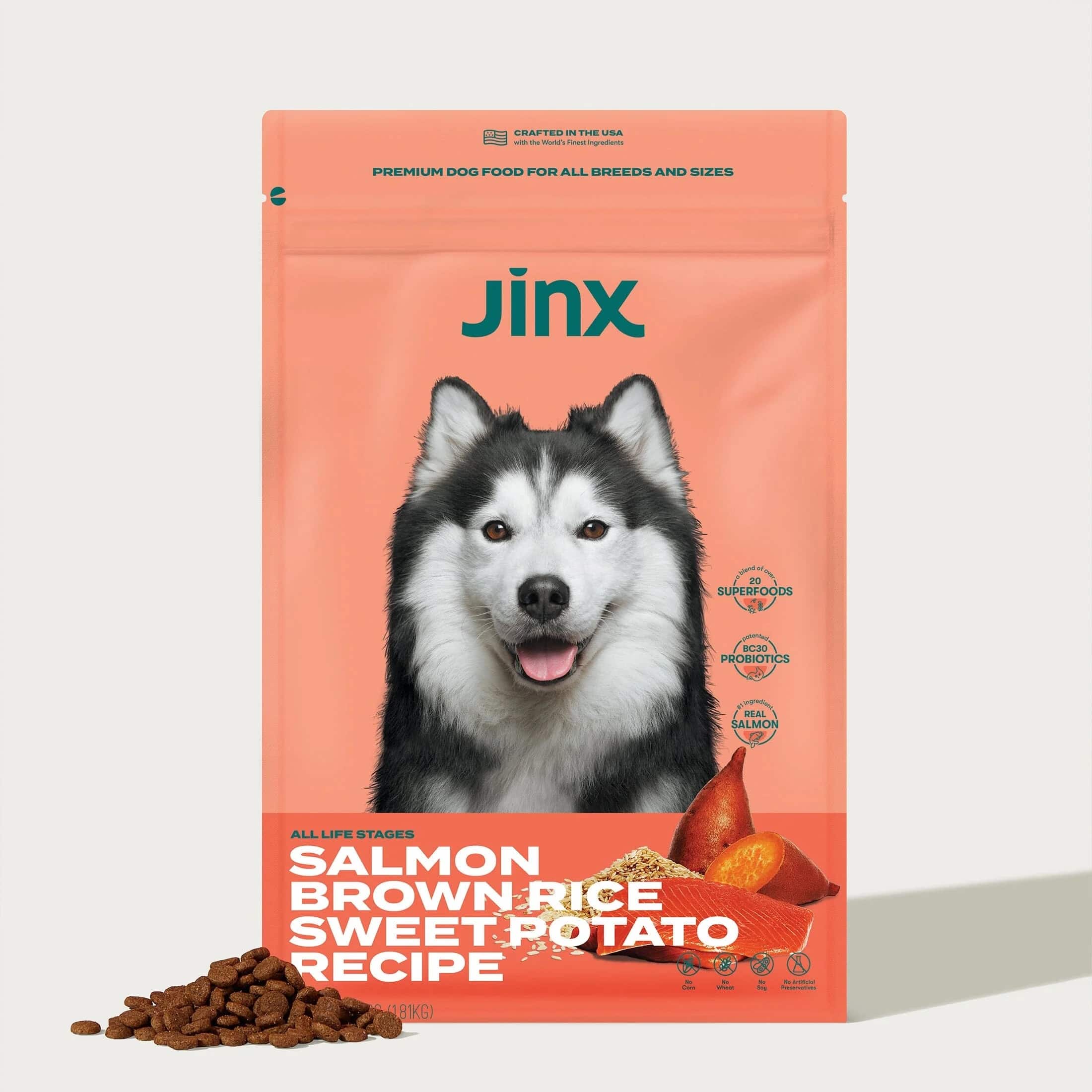 Package of Jinx salmon and brown rice recipe with sweet potato