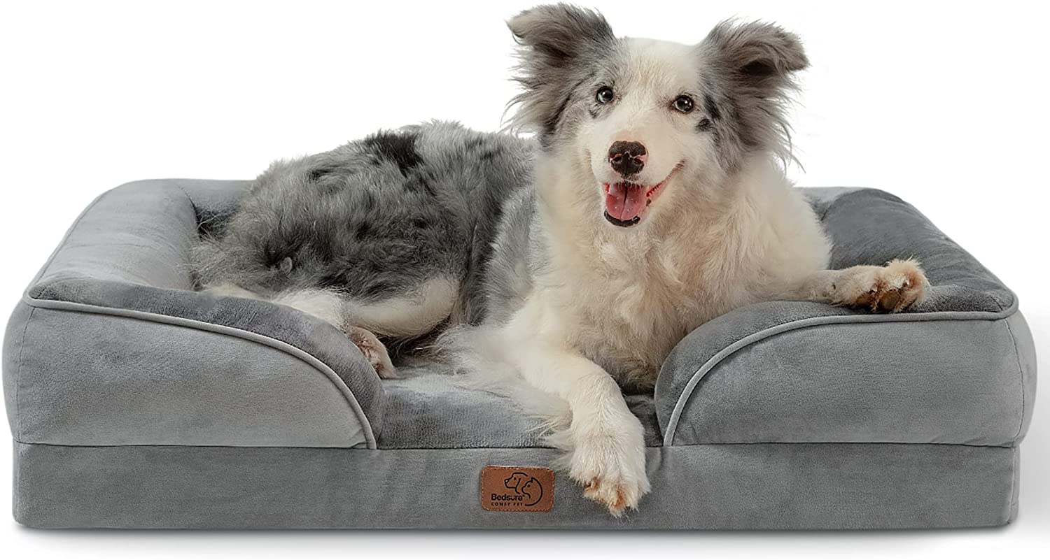 gray orthopedic dog bed with bolsters