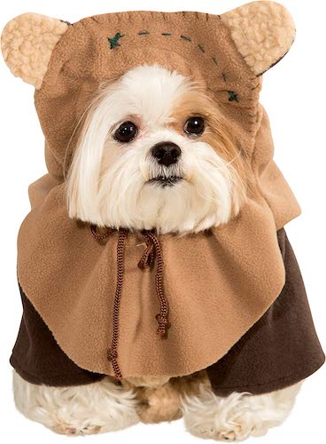 Small dog wearing Ewok costume