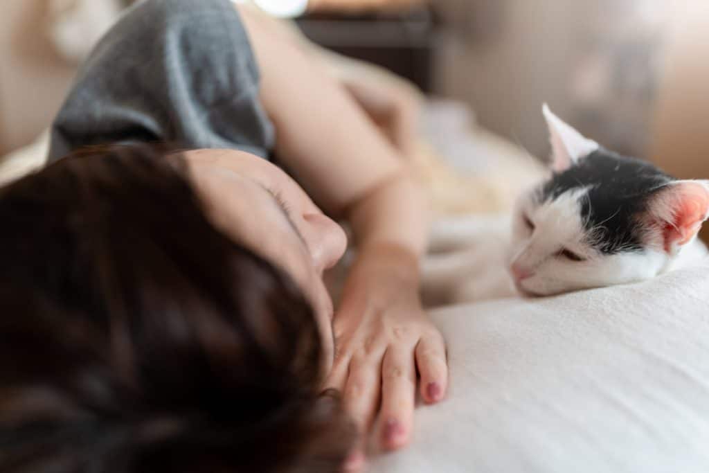 A woman laying in a bed with her cat