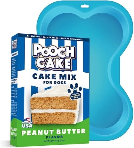 Pooch cake mix and blue silicone bone-shaped mold.