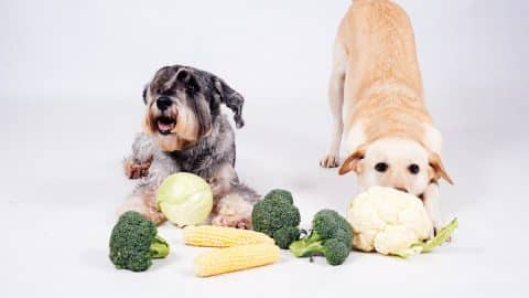 Two dogs inspecting a pile of vegetables
