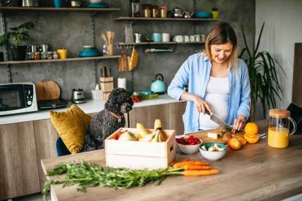 Person chopping kiwi for waiting dog