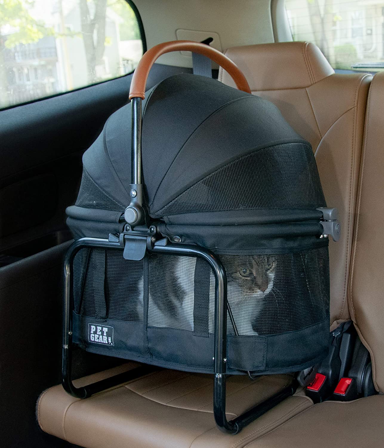 cat carrier booster seat in metal frame on car seat
