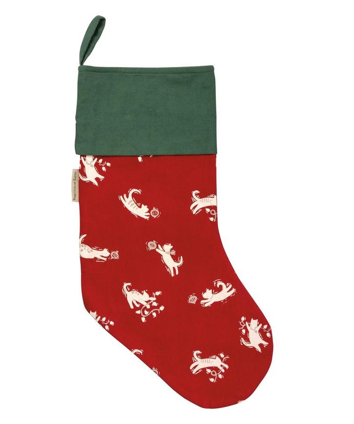 red and green stocking printed with playing cats