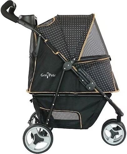 Cat stroller with polka dot rain cover