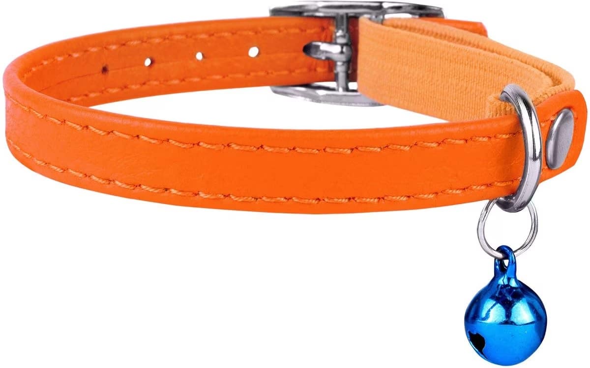 orange leather cat collar with blue bell