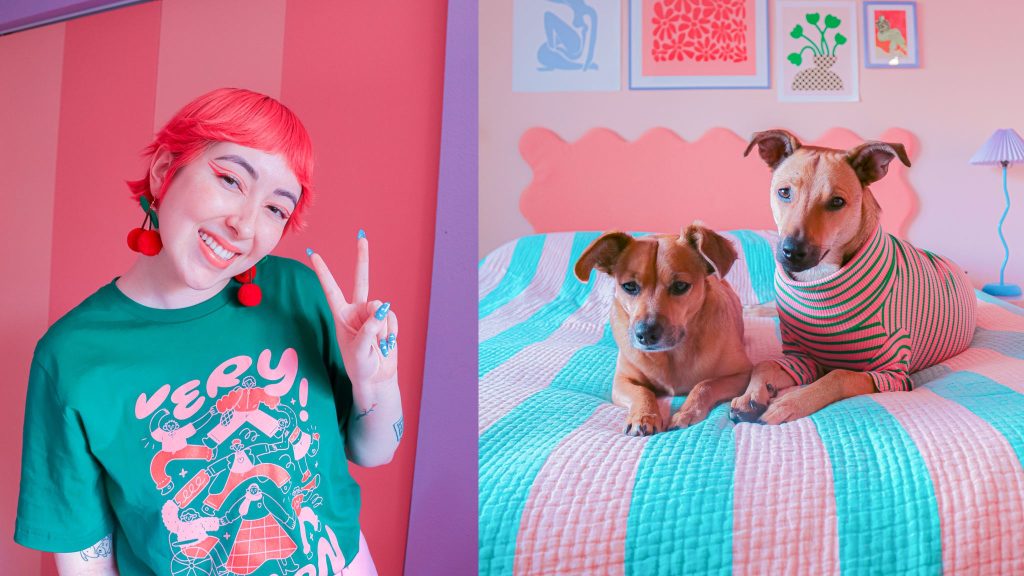 Collage of artist Courn Ahn and her two pups 