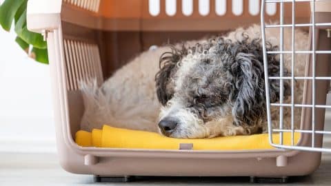 Adult dog curled up in open crate